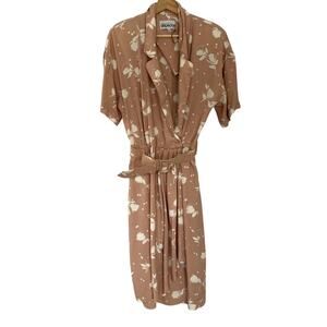 Vintage Marvin Singer Depeche tan orange floral padded shoulders belted midi 14